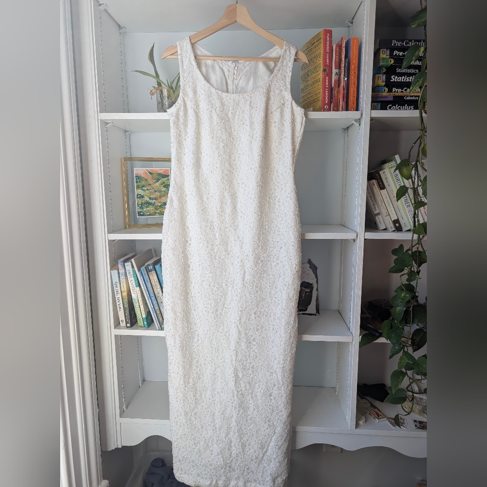 Handmade Wedding Column Dress Maxi White Lace Beaded Size 8 Bridal Bachelorette